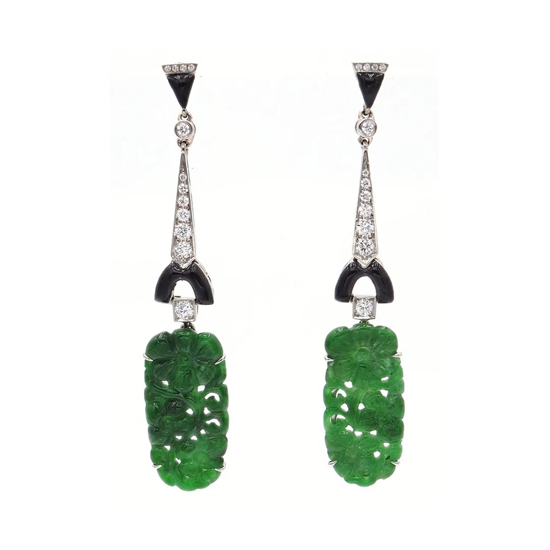 Green Jade Floral, Diamond & Black Enamel Oblong Drop Earrings