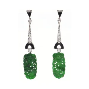 Green Jade Floral, Diamond & Black Enamel Oblong Drop Earrings