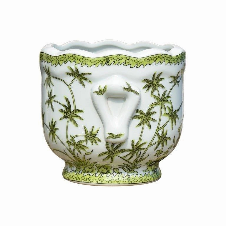 Green Palm Tree on White Porcelain Cachepot