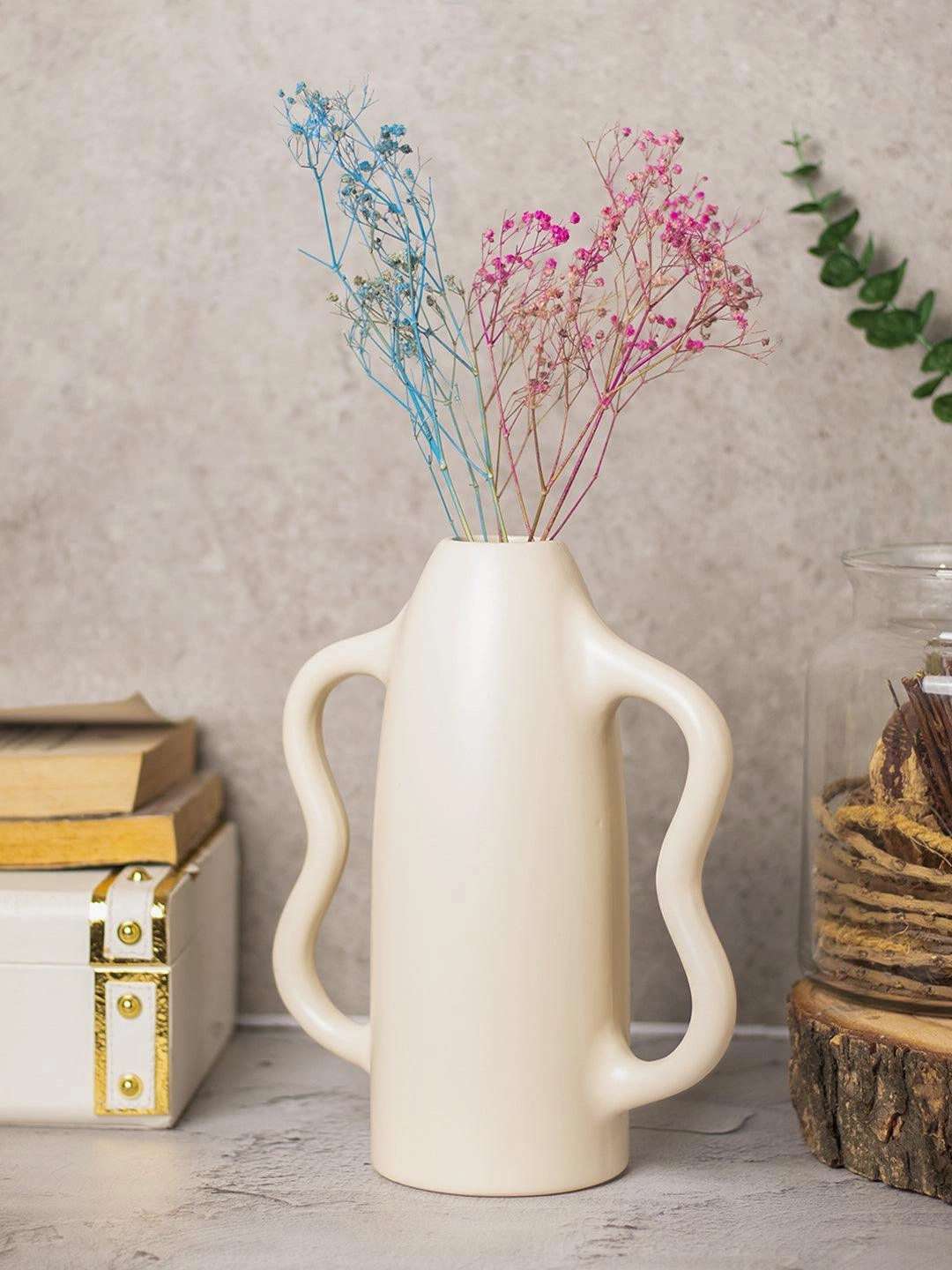 Grey Ceramic Curvy Vase - Curvy, Flower Holder dried green plant  