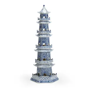 Hand Painted Blue and White Ceramic Canton Pagoda dried flowers  