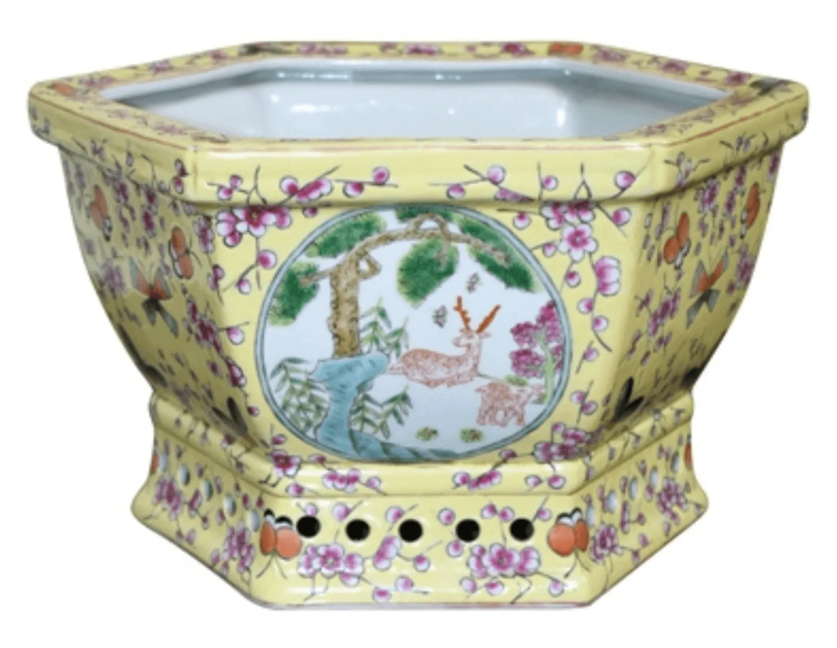 Hand Painted Old Porcelain Hexagonal Cachepot dried flowers  