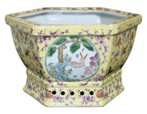 Hand Painted Old Porcelain Hexagonal Cachepot dried flowers  
