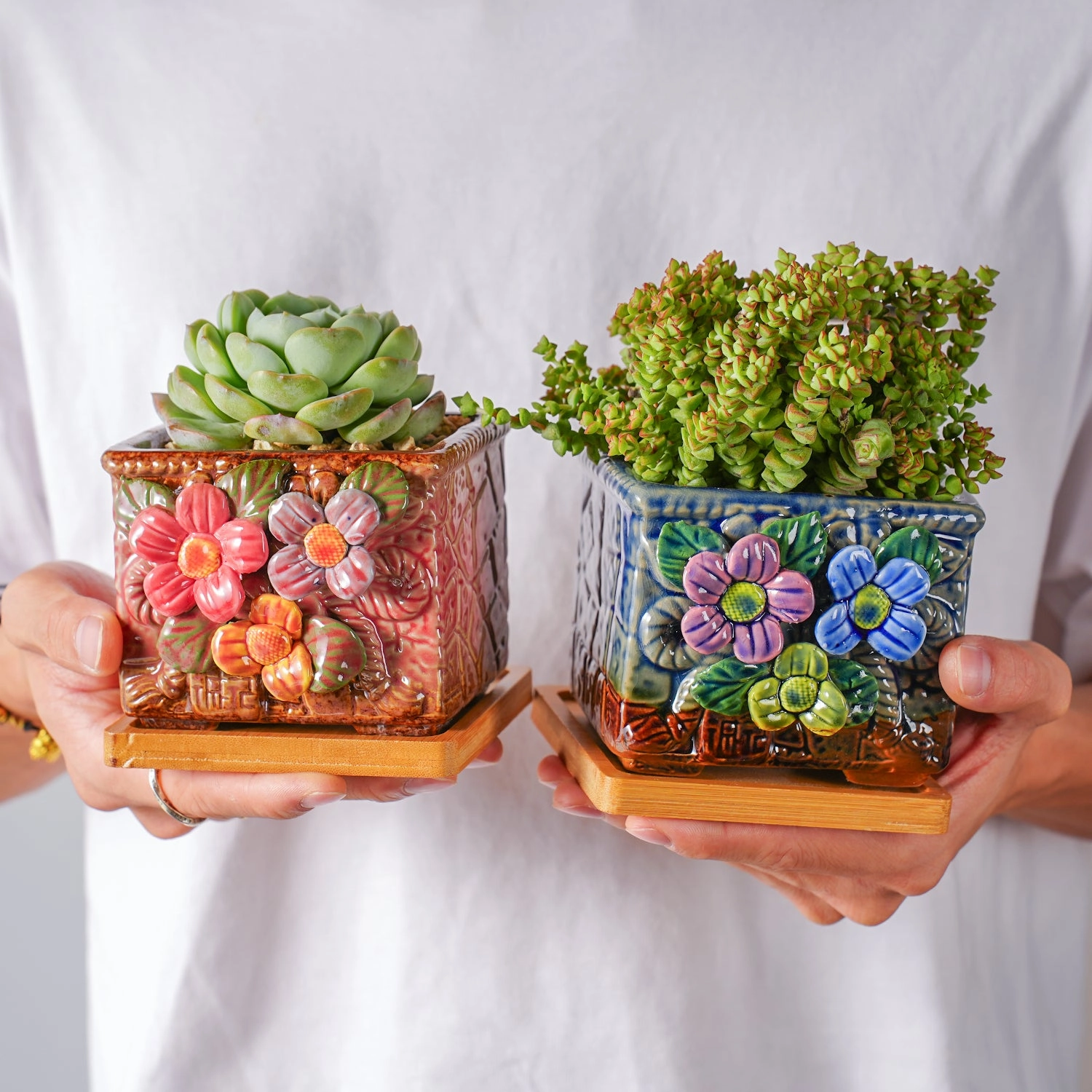 Handmade Flowers Rustic Glazed Small Pot Set