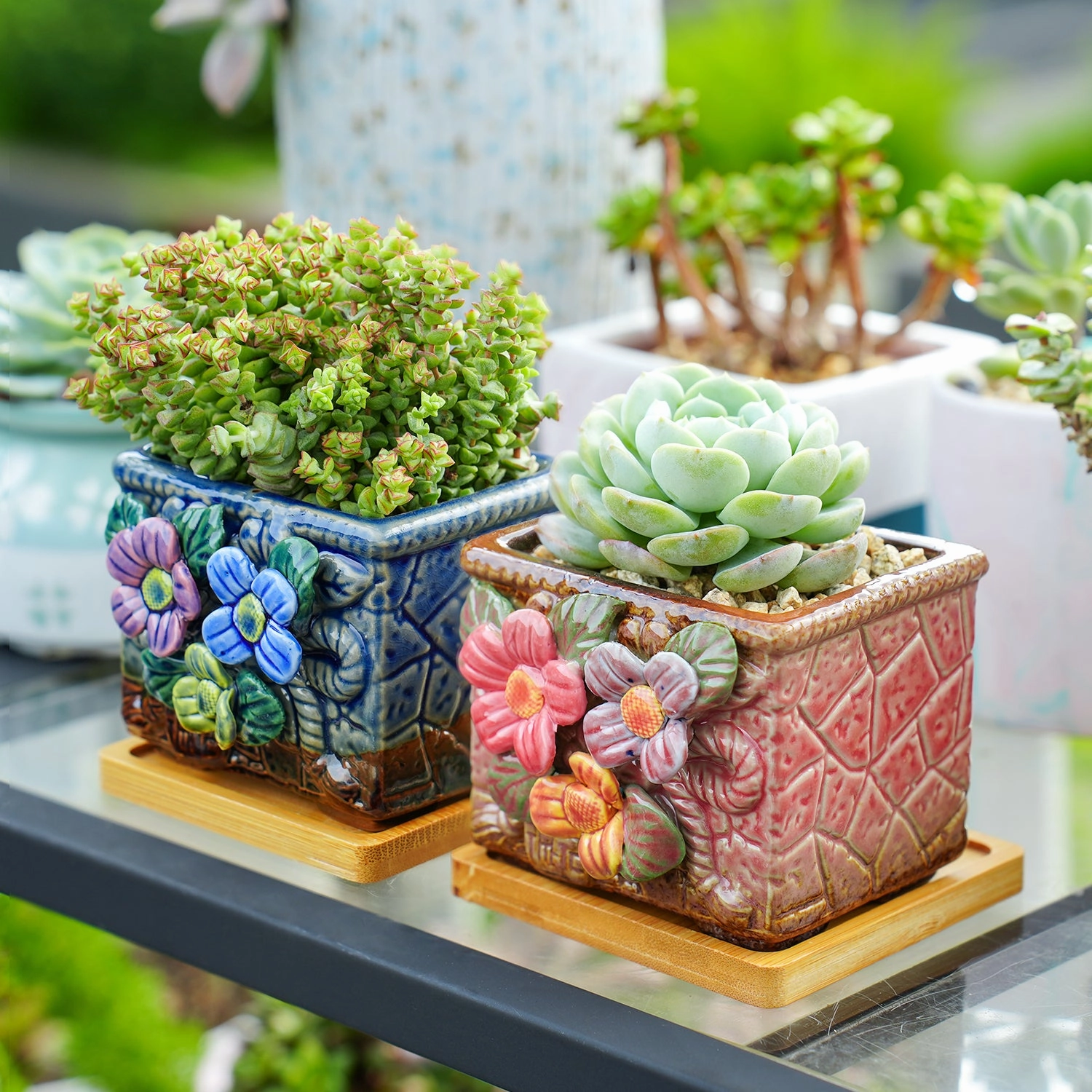 Handmade Flowers Rustic Glazed Small Pot Set