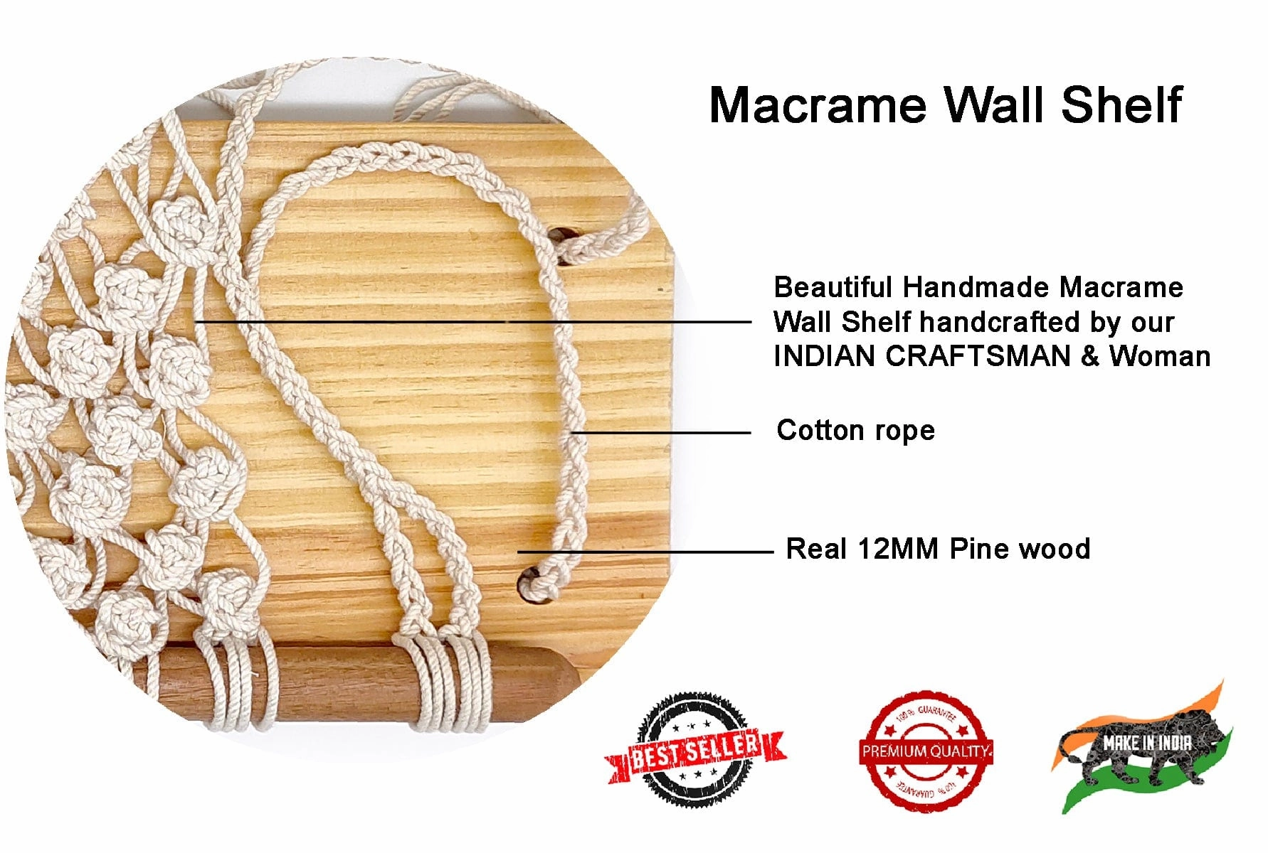 Handmade Wall Hanging Floating Shelf With Macrame, Beige