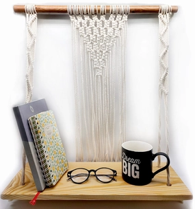 Handmade Wall Hanging Floating Shelf With Macrame, Brown cactus succulent plant  