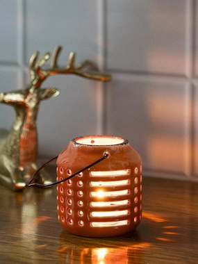 Hanging Tealight Candle Holder - Orange dried green plant  