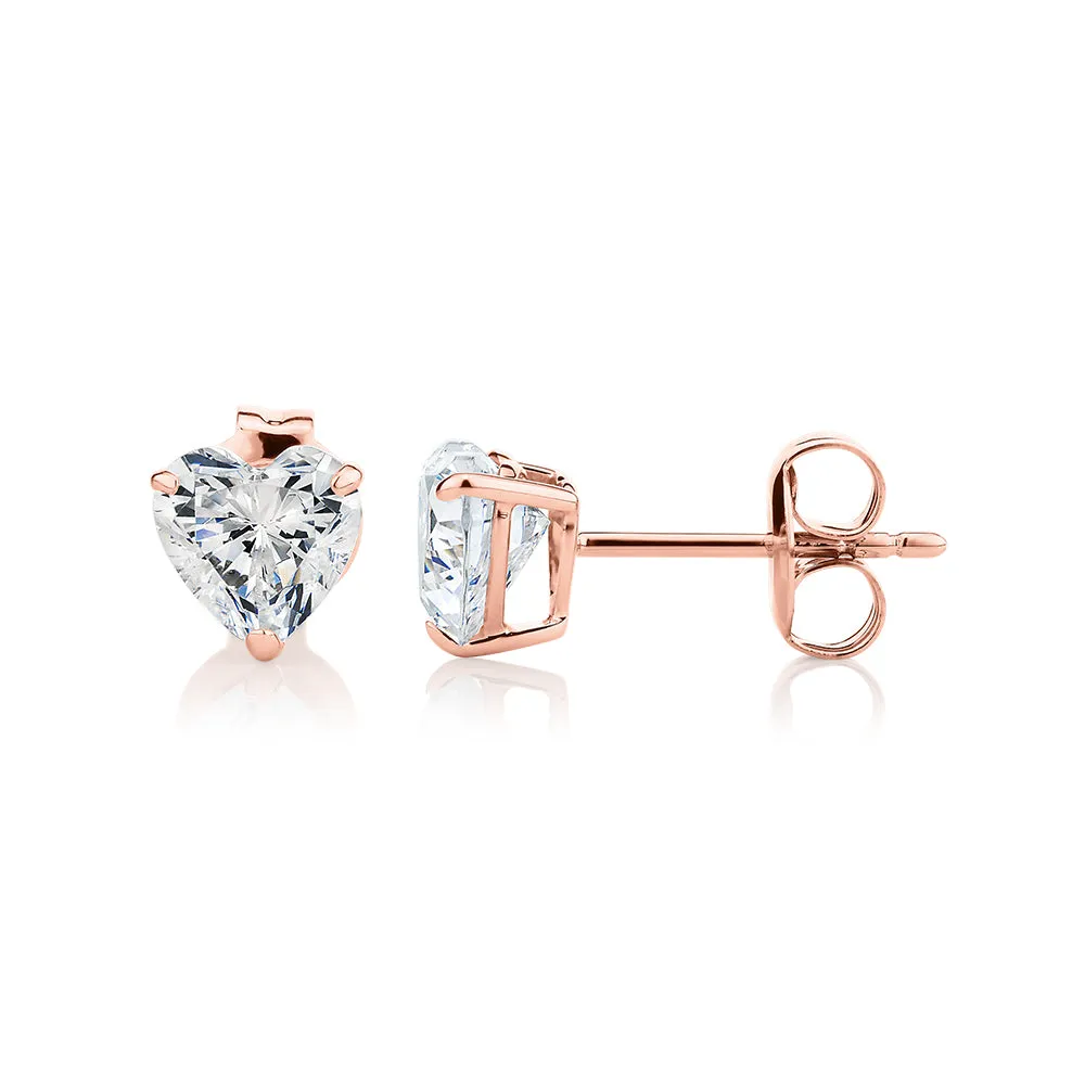 Heart stud earrings with 2 carats* of diamond simulants in 10 carat rose gold