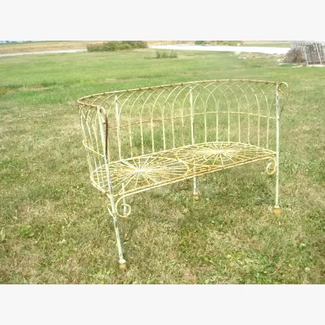 Heavy Wrought Iron Antique French Wire Bench with Cast Feet