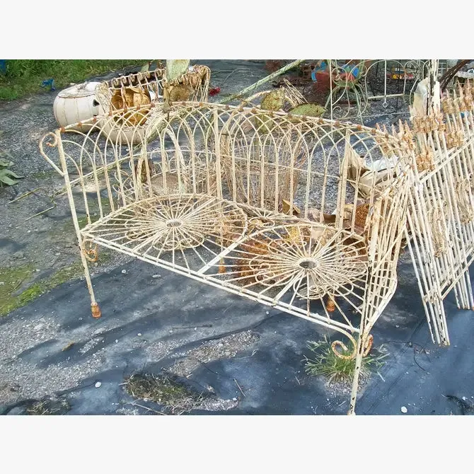 Heavy Wrought Iron Antique French Wire Bench with Cast Feet