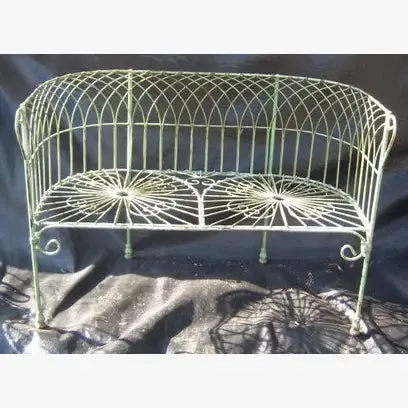 Heavy Wrought Iron Antique French Wire Bench with Cast Feet