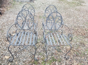 Heavy Iron Table with Umbrella Ring on Table & 4 Chairs decorative plants  