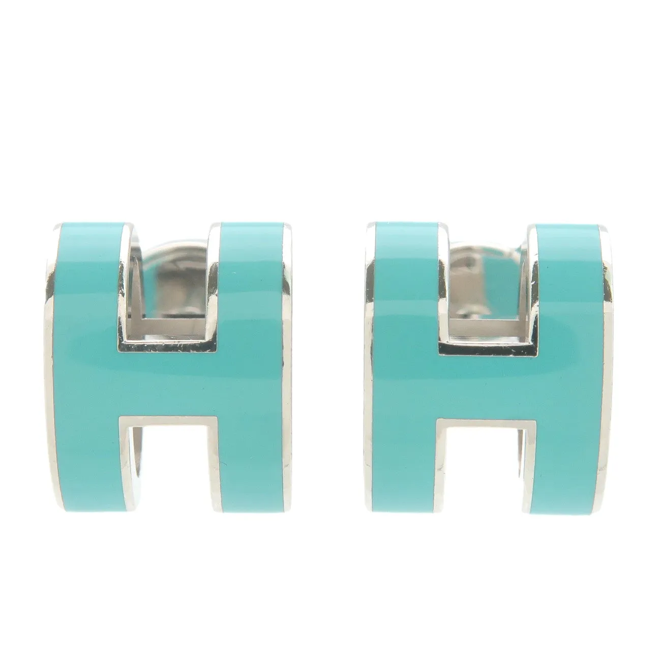 HERMES Pop Ash H Logo Earrings Metal Blue Silver