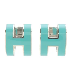 HERMES Pop Ash H Logo Earrings Metal Blue Silver