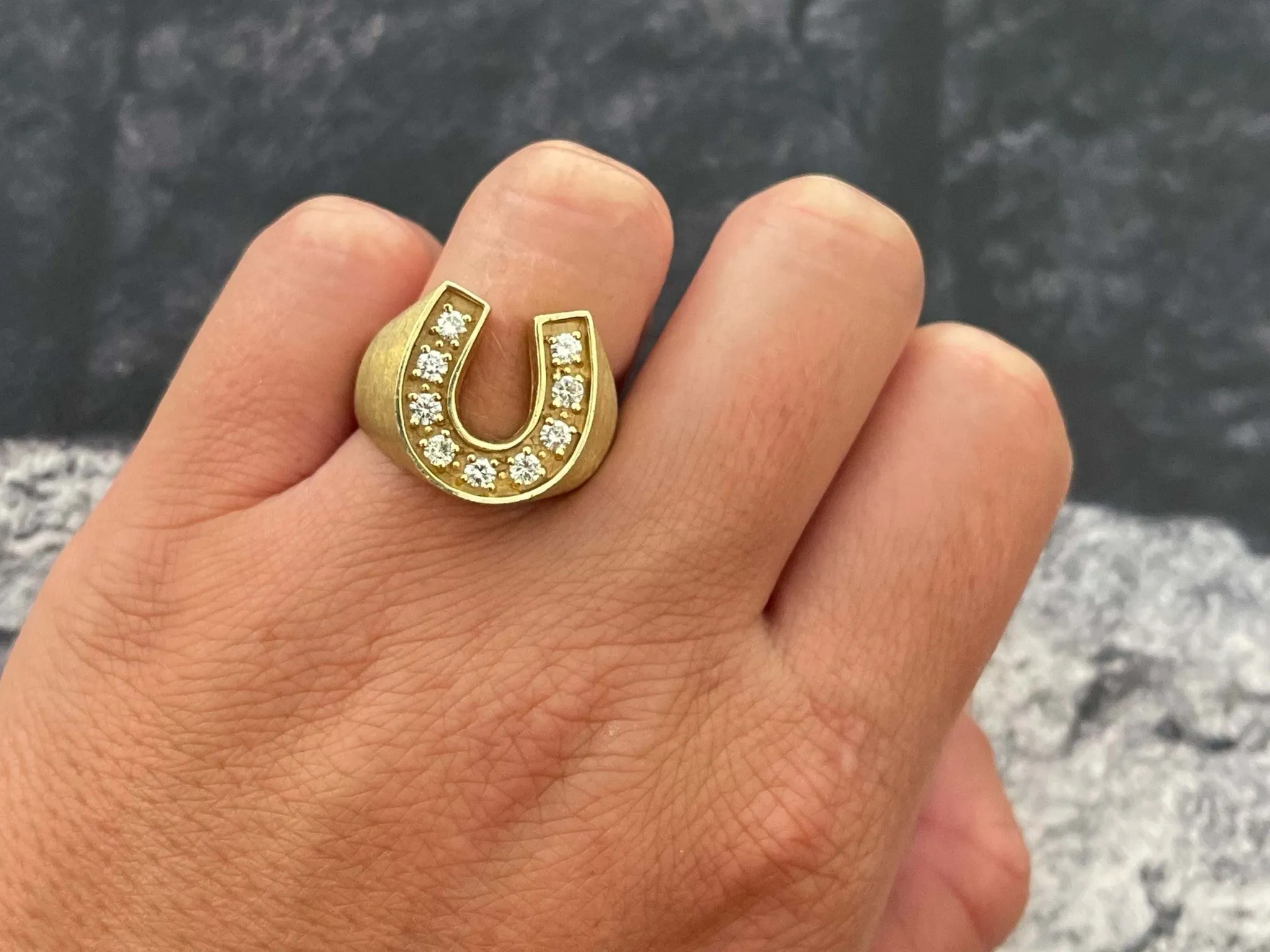 Horseshoe 9 Diamond Satin Finish Ring in 14k Yellow Gold