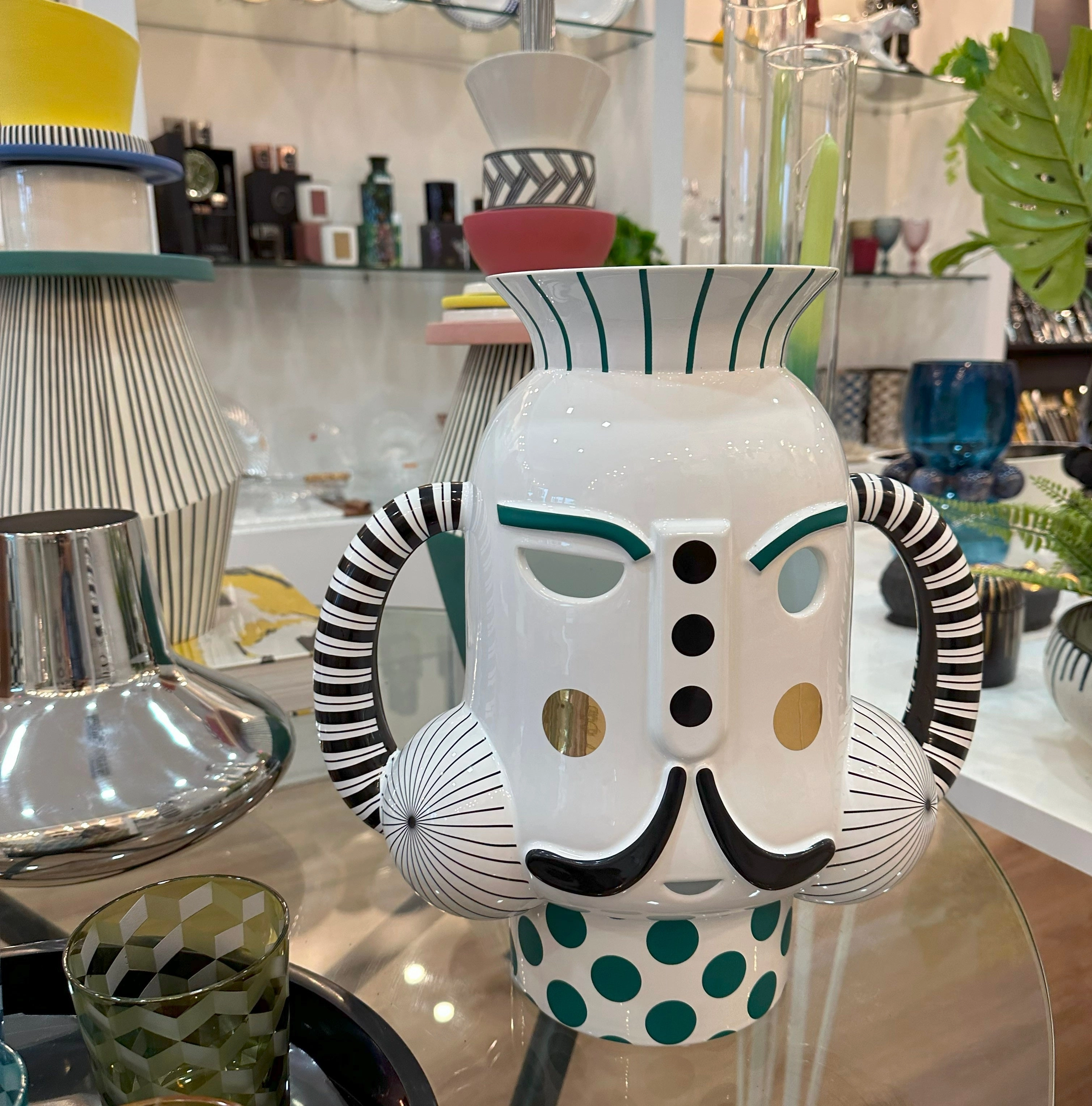 King - Vase Glossy White With Green And Gold Graphic