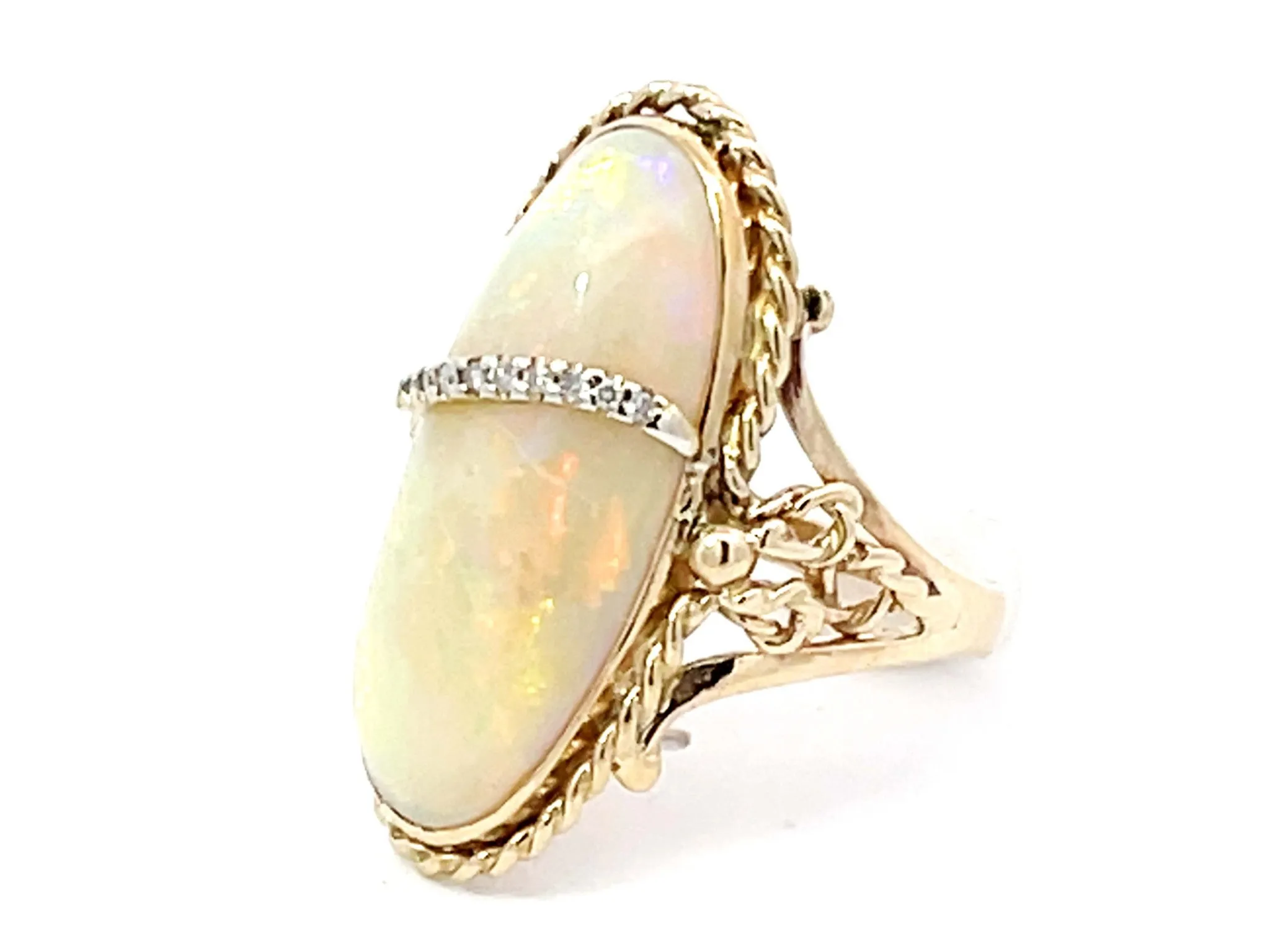 Large Oval Cabochon Opal and Diamond Ring in 14k Yellow Gold