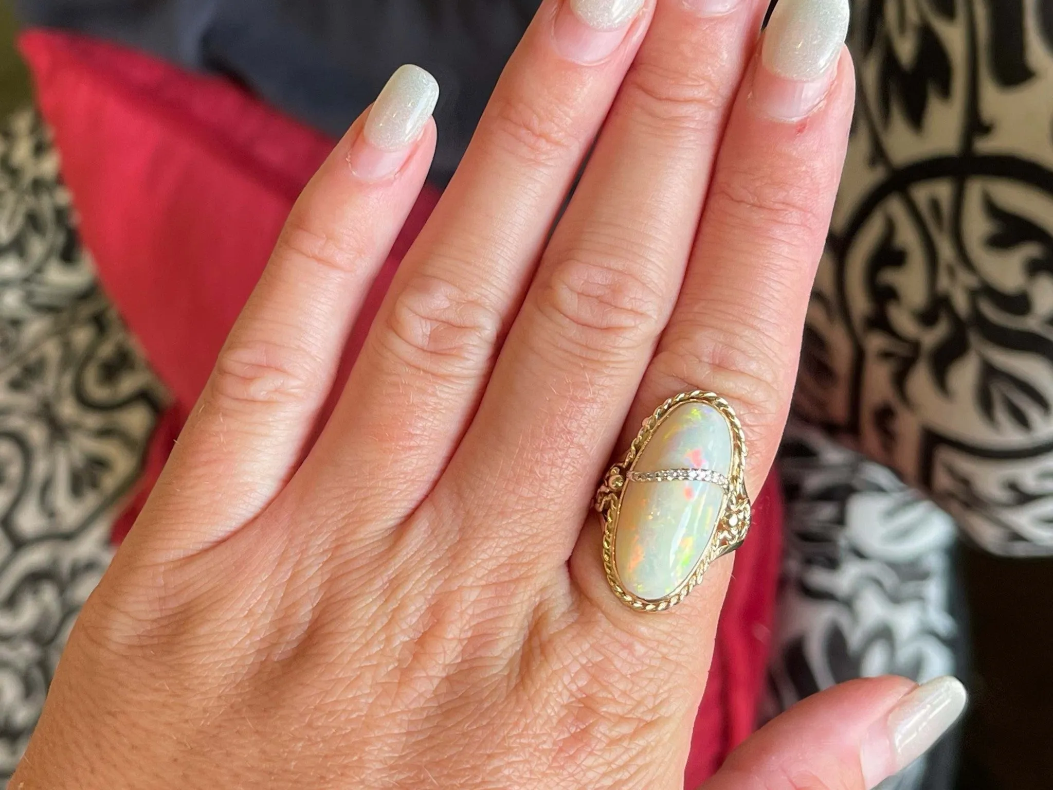 Large Oval Cabochon Opal and Diamond Ring in 14k Yellow Gold