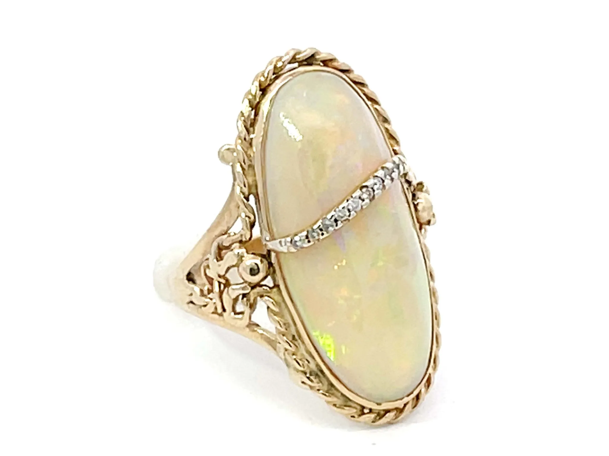 Large Oval Cabochon Opal and Diamond Ring in 14k Yellow Gold