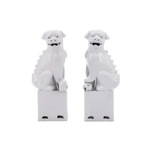 Large Porcelain Sitting Foo Dog Pair in White dried flowers  