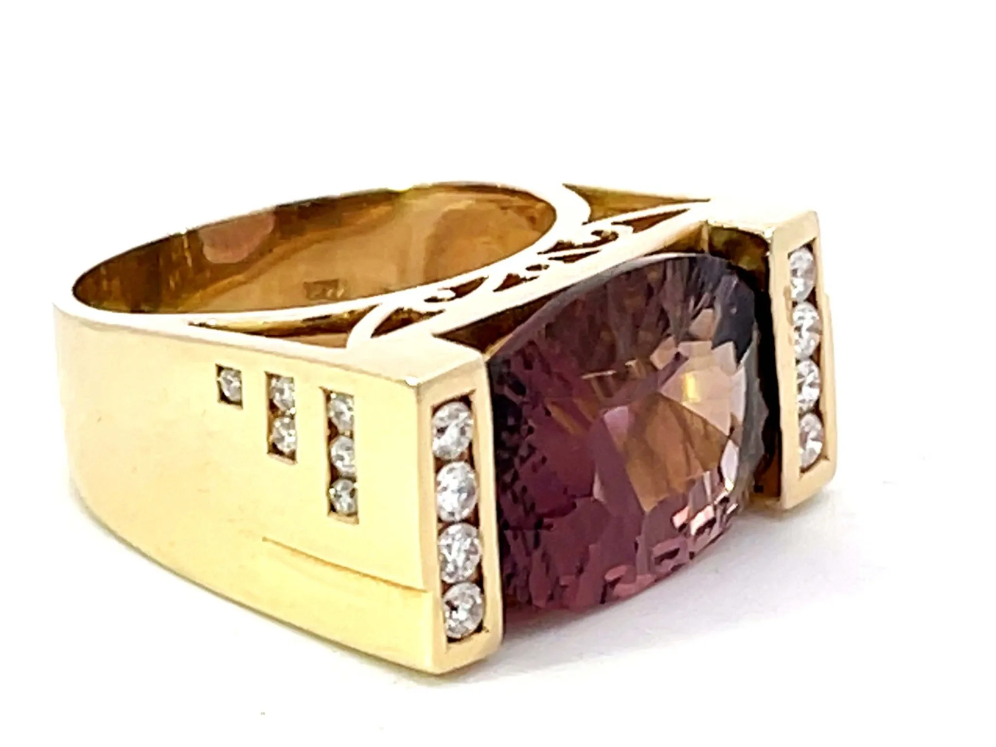 Large Purple Ametrine and Diamond Ring in 14k Yellow Gold