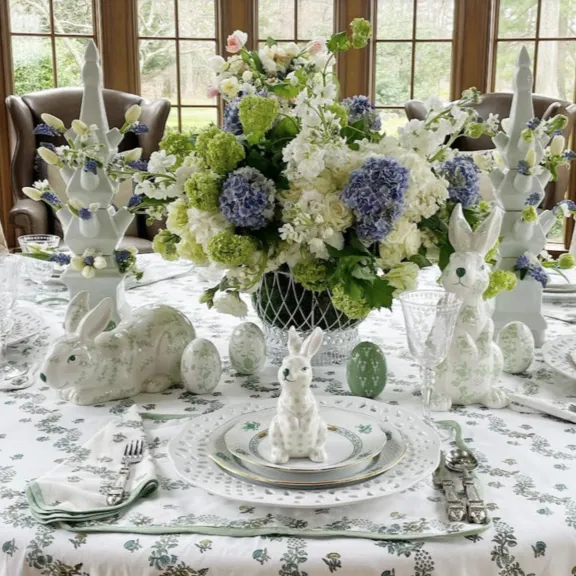 Large Standing Floral Green and White Bunny