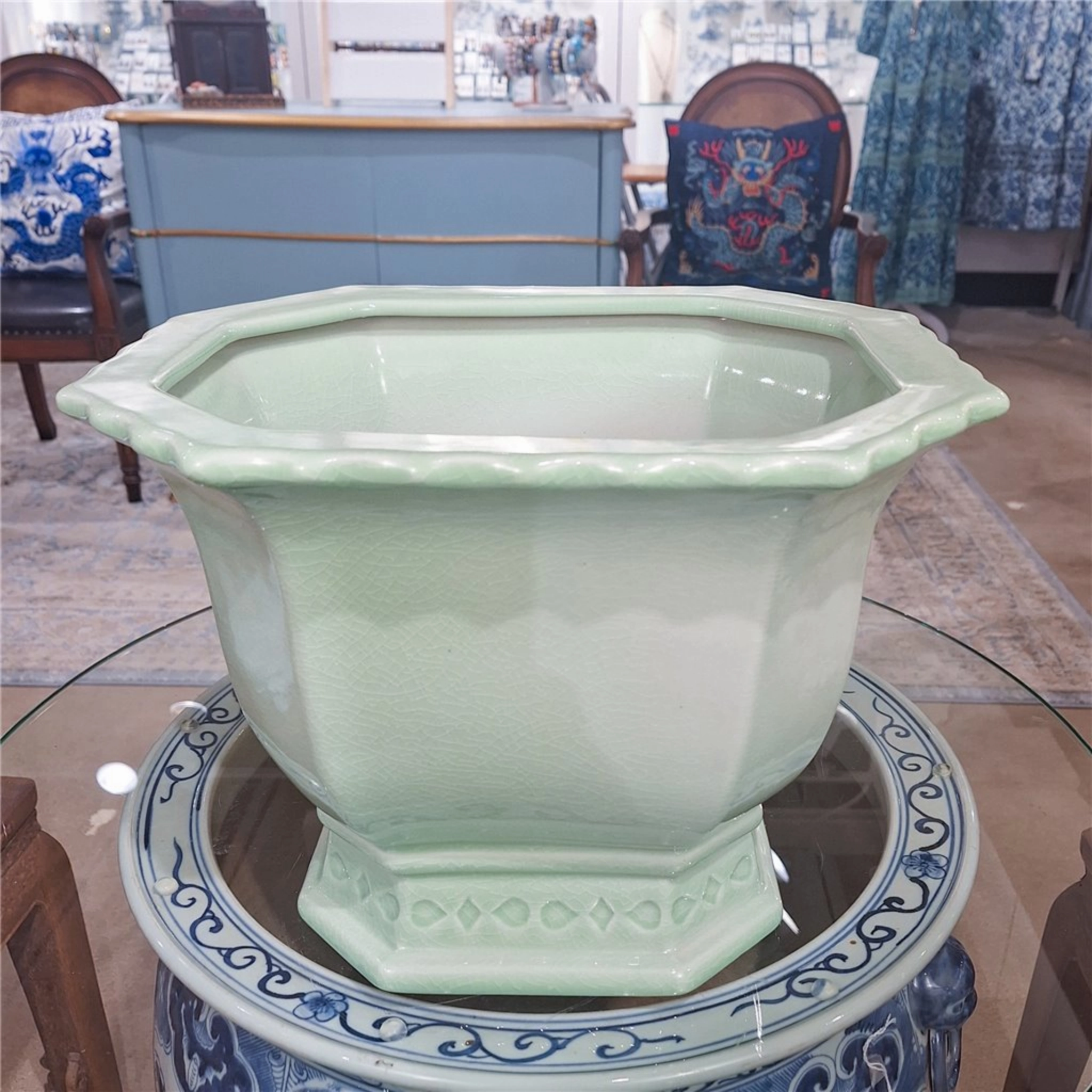 Large Light Green Porcelain Octagonal Footed Planter