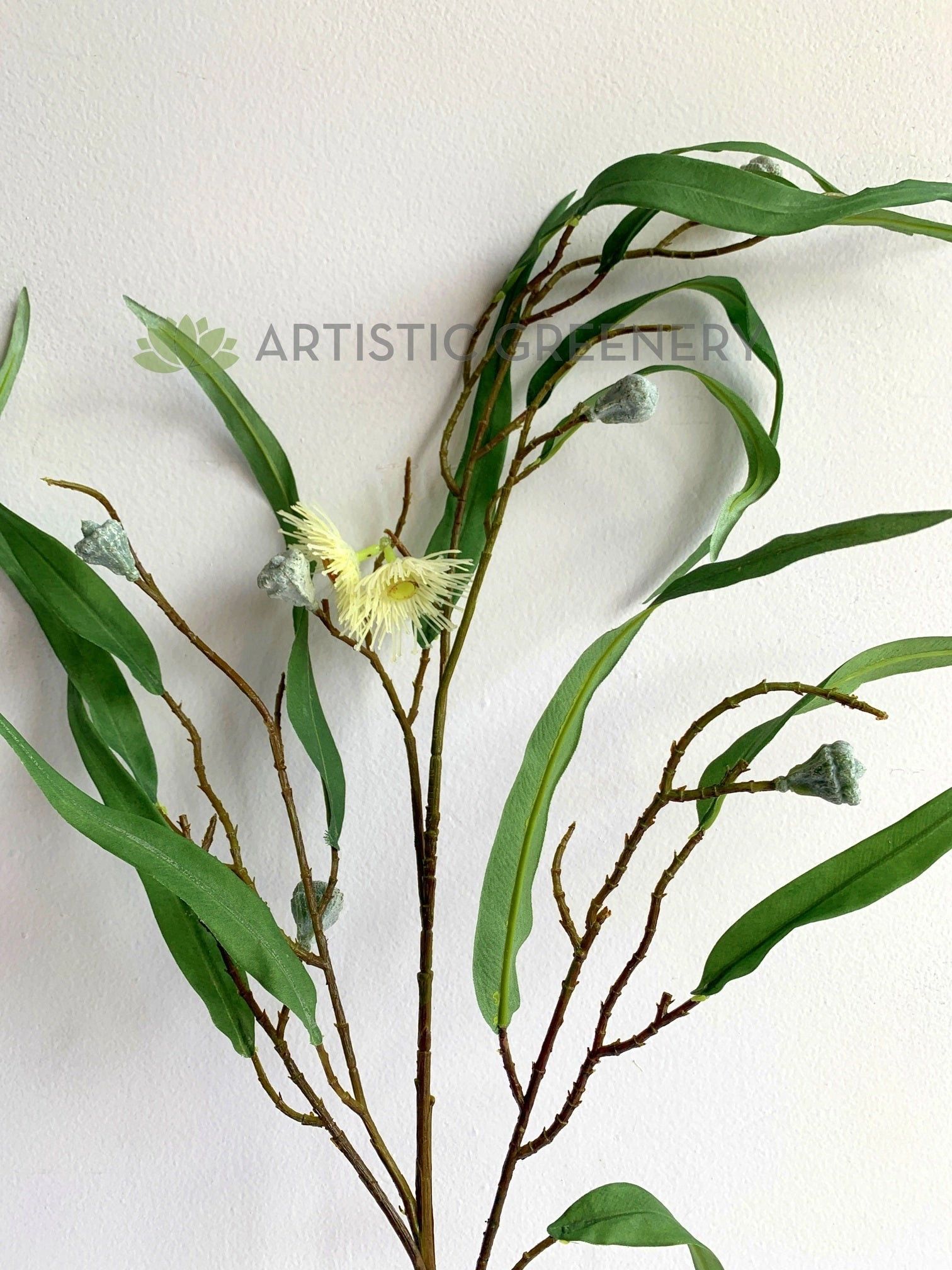 LEA0107 Gum Blossom / Gum Leaves with Pods & White Flowers 103cm