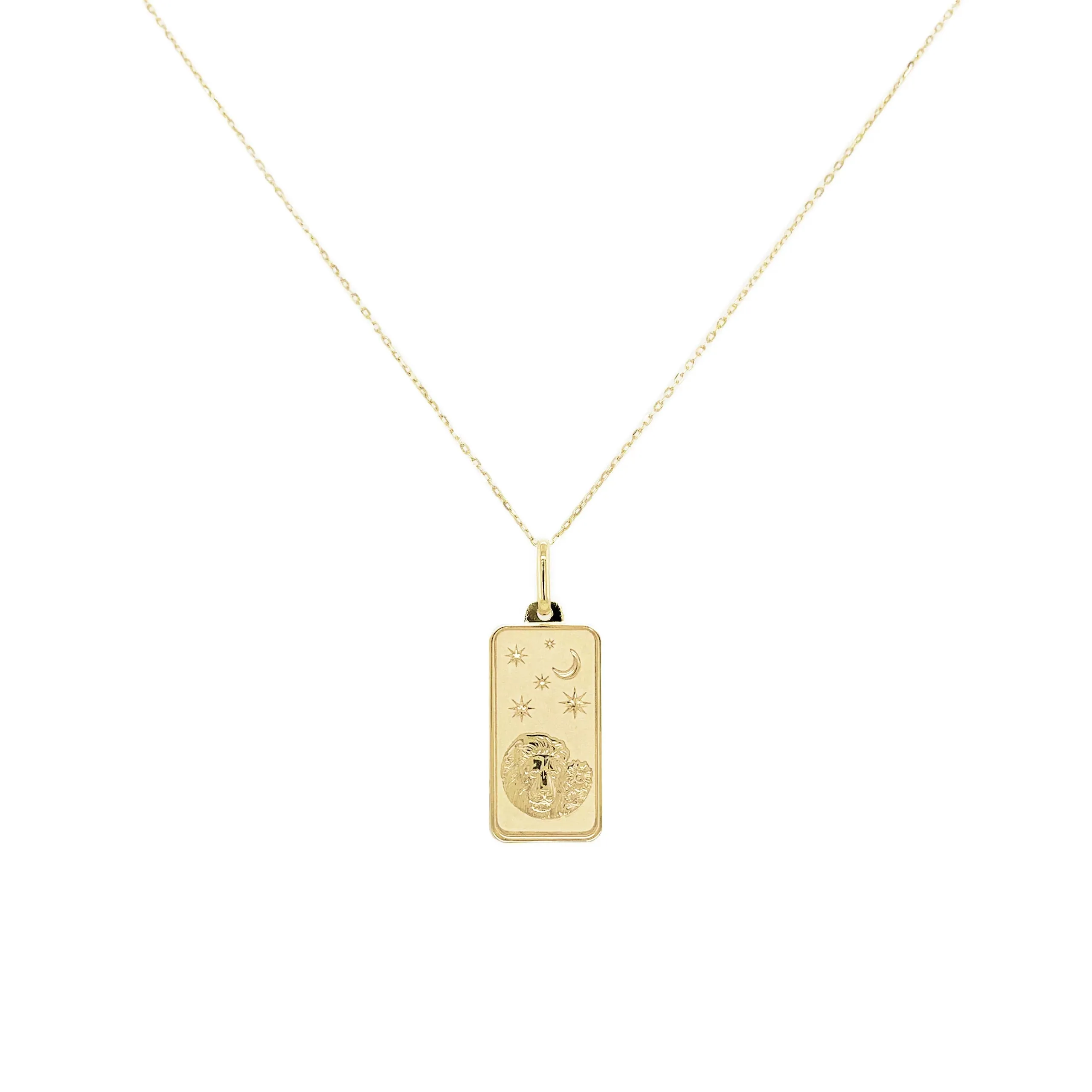 Leo Zodiac Dog Tag Necklace in 14K Yellow Gold