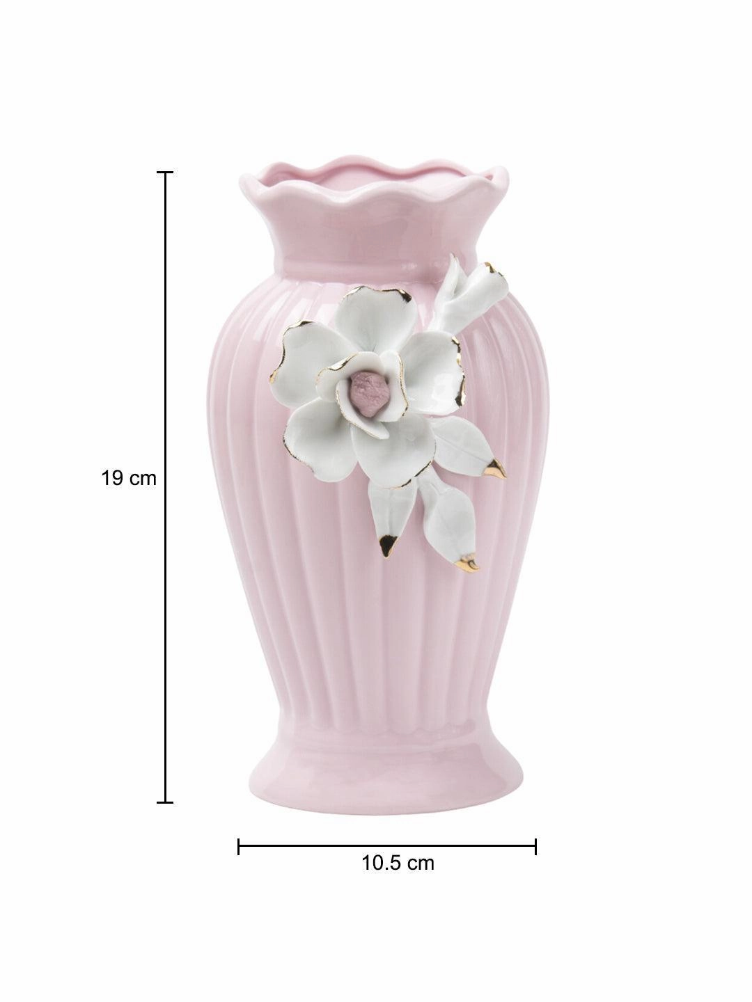 Light Pink Ceramic Curvy Vase - Engraved Floral Pattern, Flower Holder
