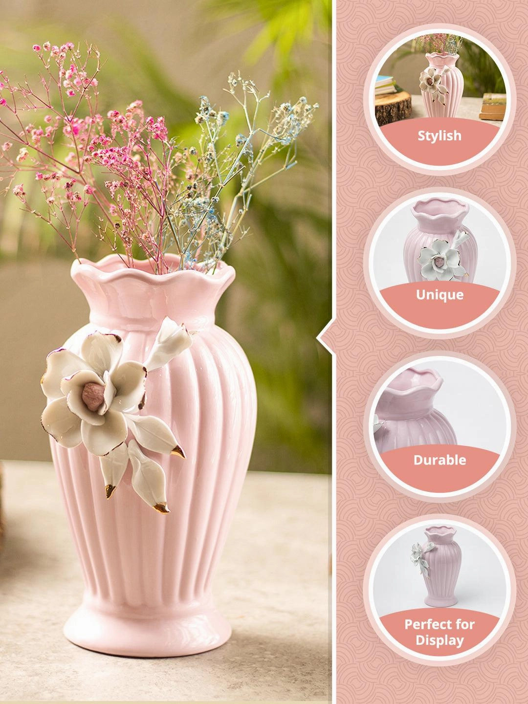 Light Pink Ceramic Curvy Vase - Engraved Floral Pattern, Flower Holder