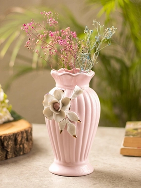 Light Pink Ceramic Curvy Vase - Engraved Floral Pattern, Flower Holder dried green plant  