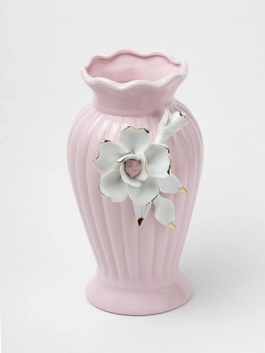 Light Pink Ceramic Curvy Vase - Engraved Floral Pattern, Flower Holder