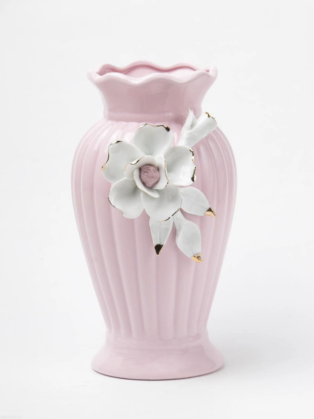 Light Pink Ceramic Curvy Vase - Engraved Floral Pattern, Flower Holder