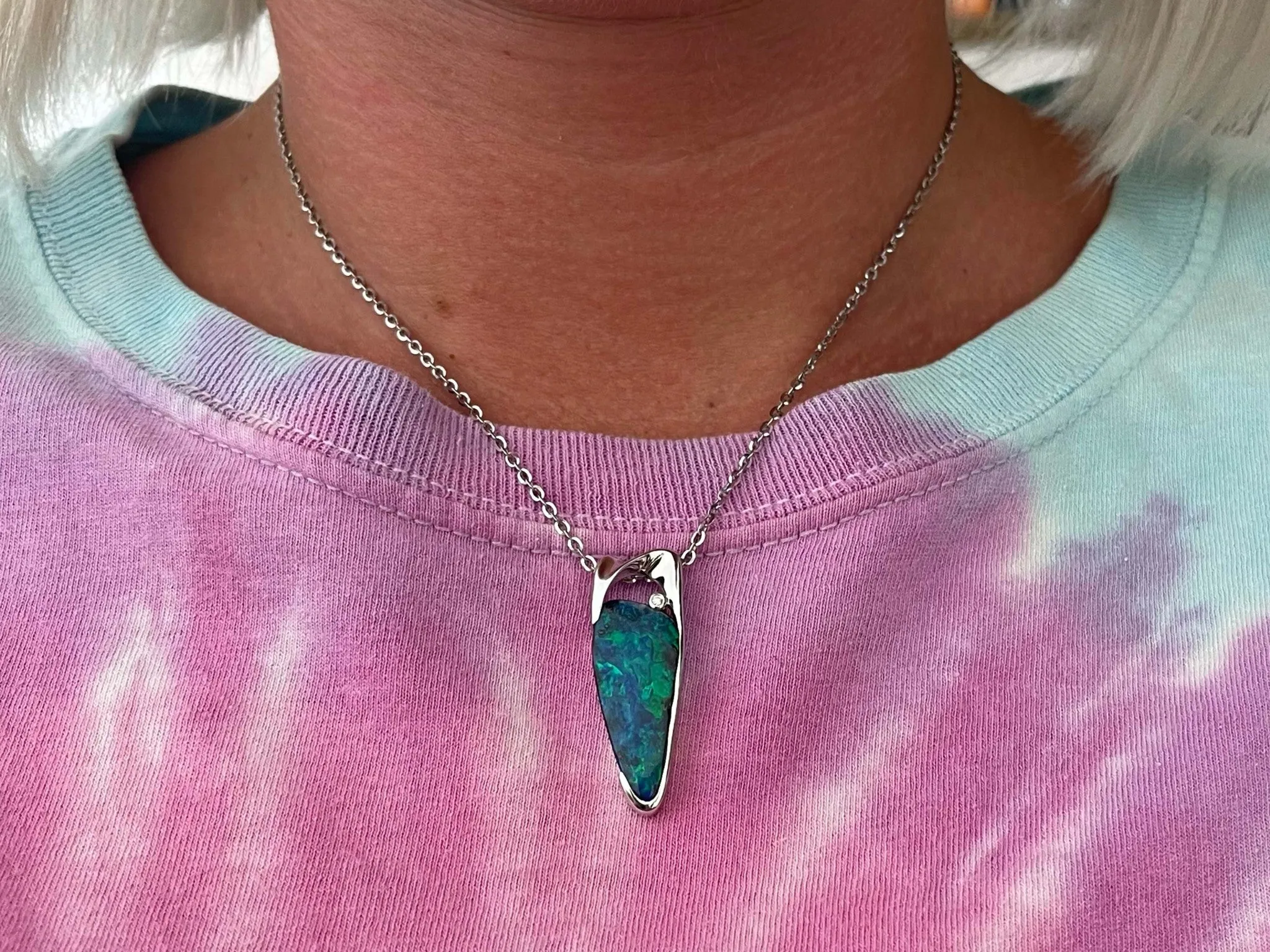 Lightning Ridge Opal and Diamond Necklace in 18k White Gold