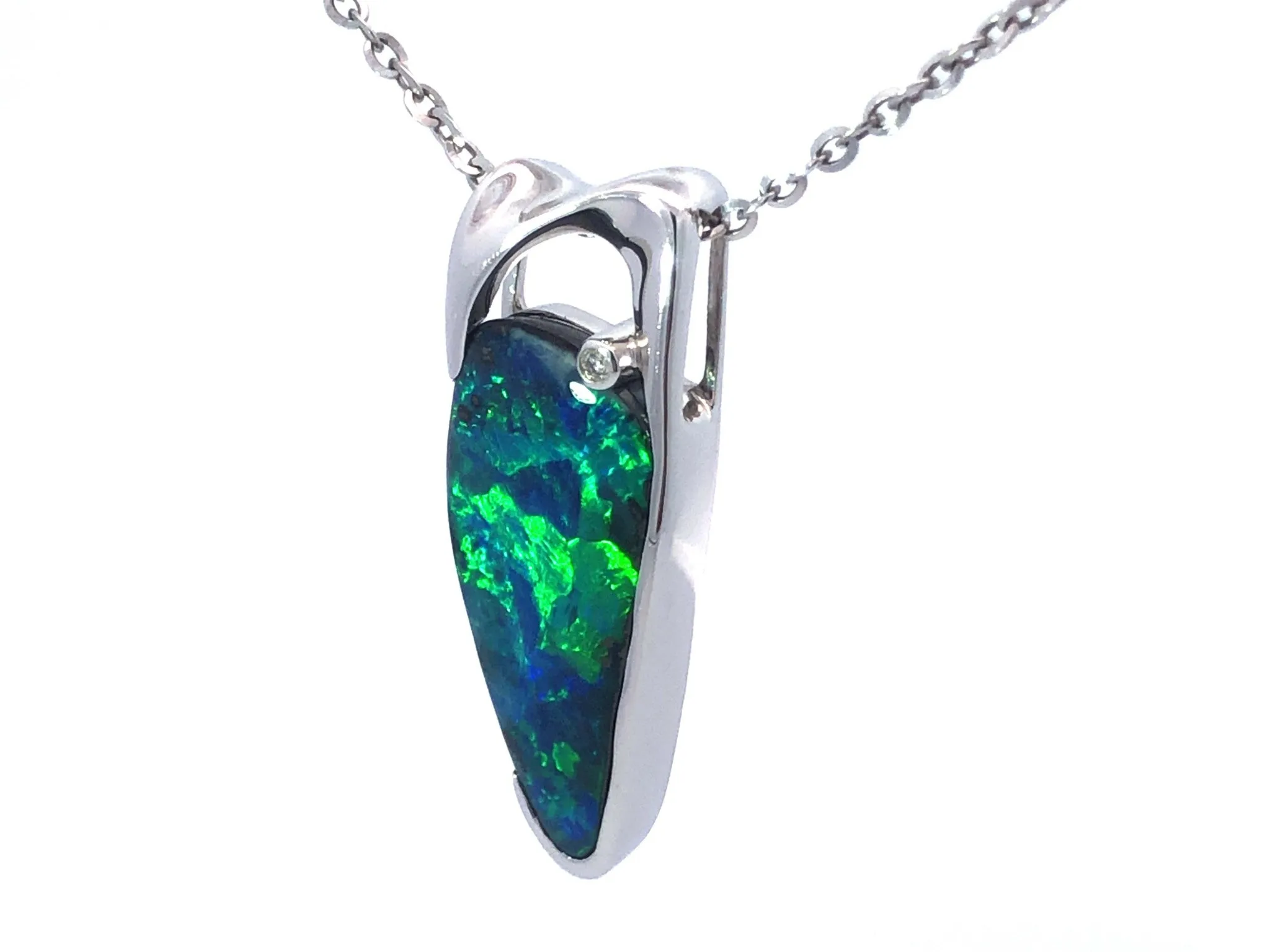 Lightning Ridge Opal and Diamond Necklace in 18k White Gold
