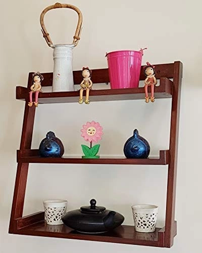 Lycka Birch Wood Wall Mounted 3 Tier Ladder Shelf