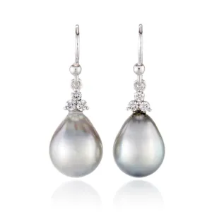 Madison Drop Earrings in Baroque Silver Tahitian Pearls & Diamonds