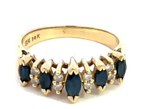 Marquise Blue Sapphire and Diamond Band Ring in 14k Yellow Gold