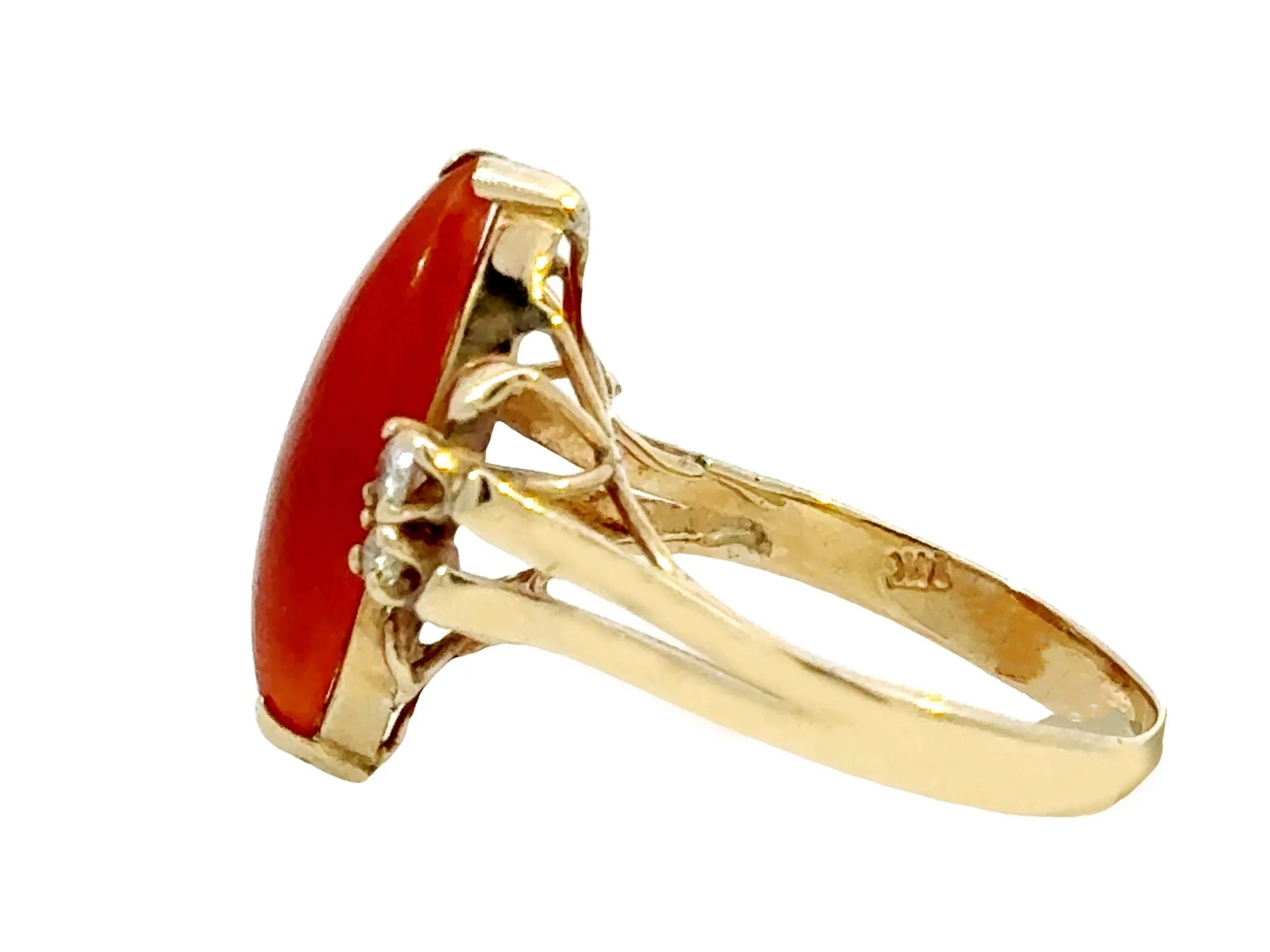 Marquise Red Jade Diamond Ring 14k Yellow Gold
