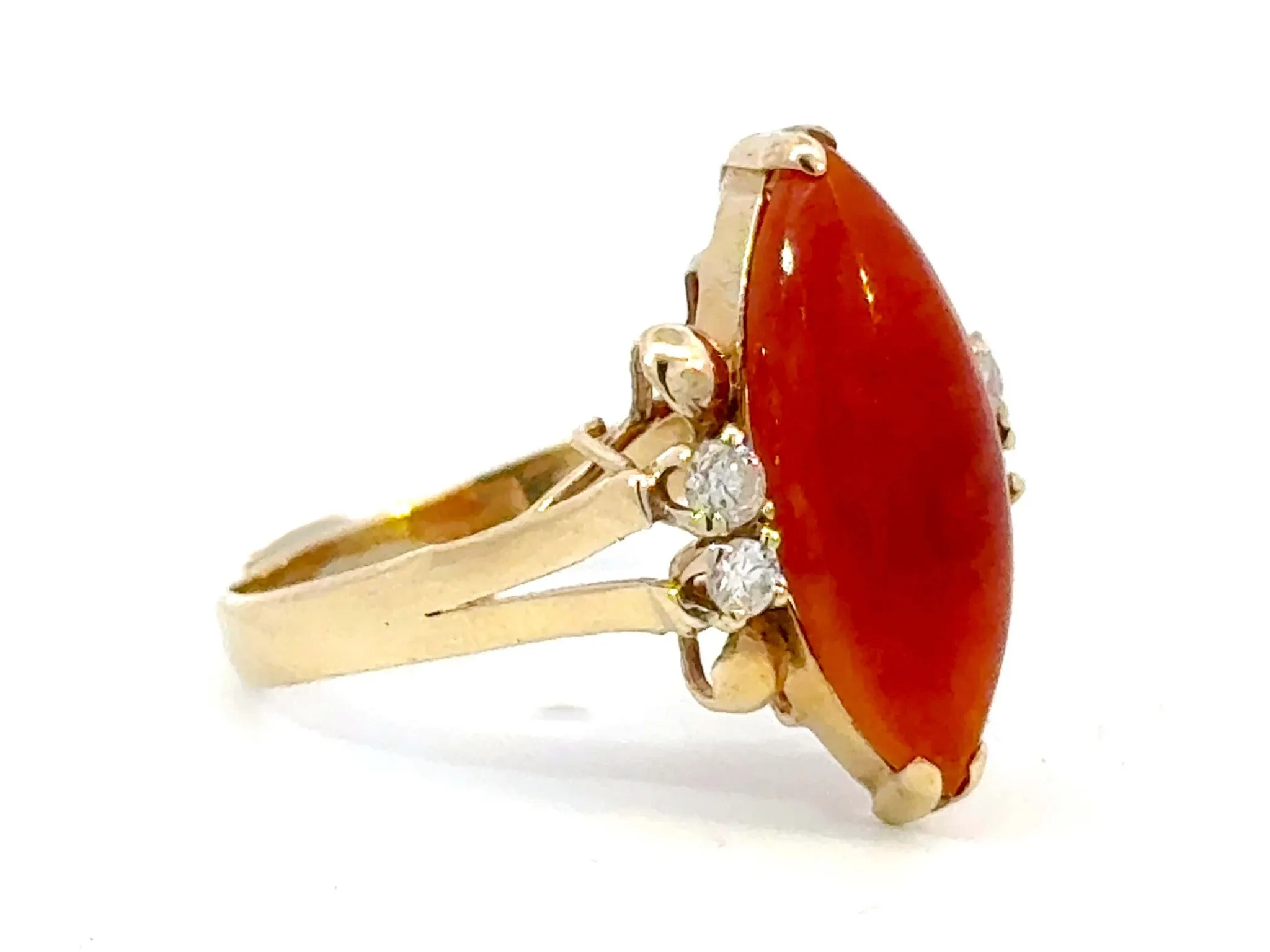 Marquise Red Jade Diamond Ring 14k Yellow Gold