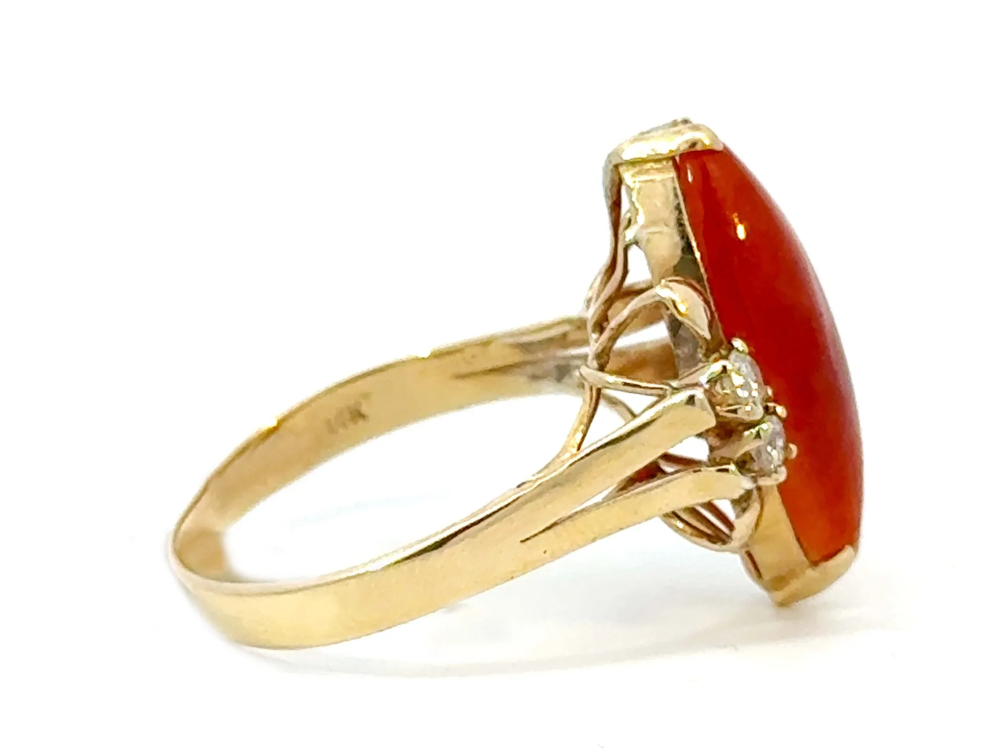 Marquise Red Jade Diamond Ring 14k Yellow Gold