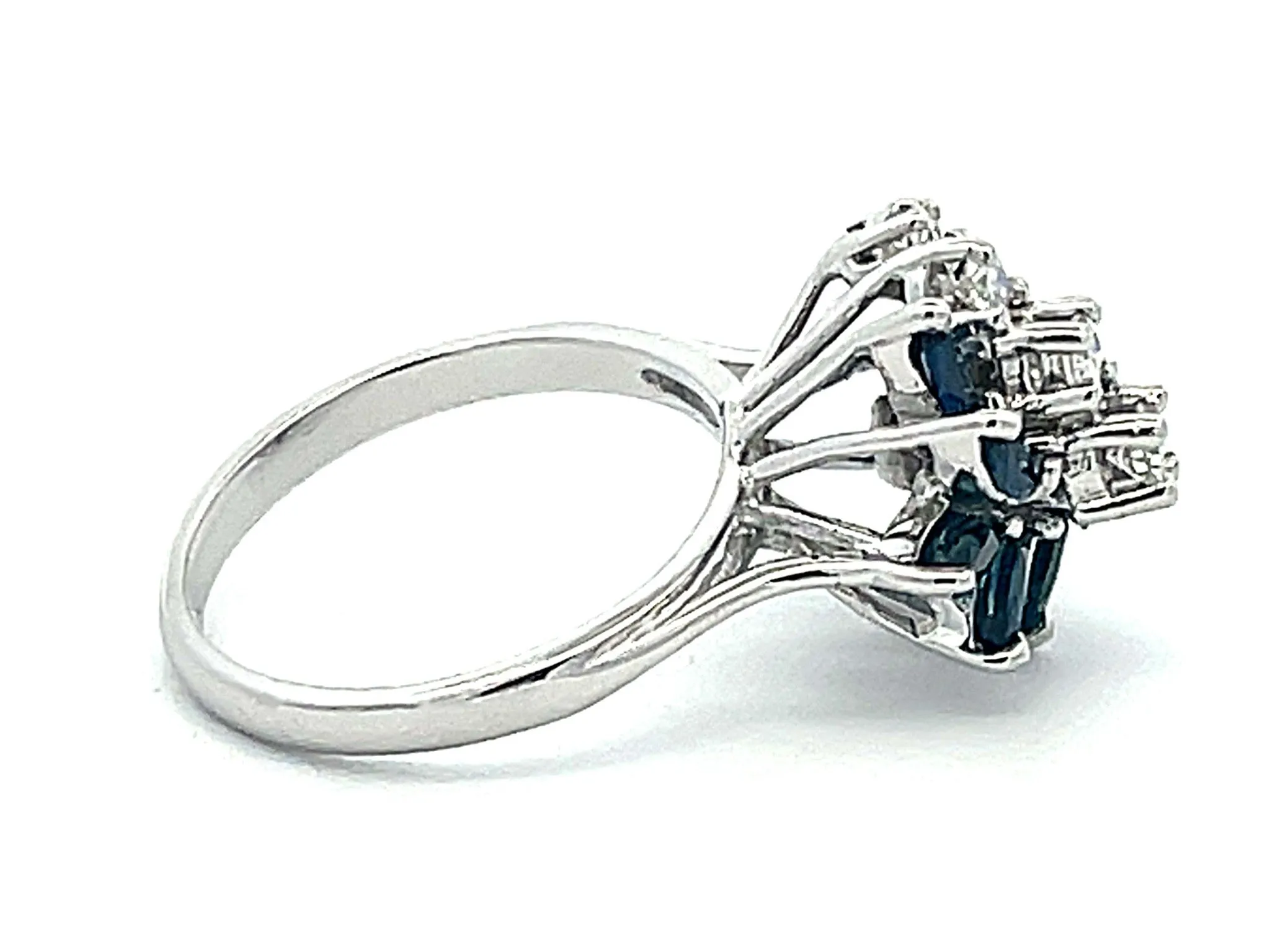 Marquise Sapphire and Diamond Flower Ring in 14k White Gold