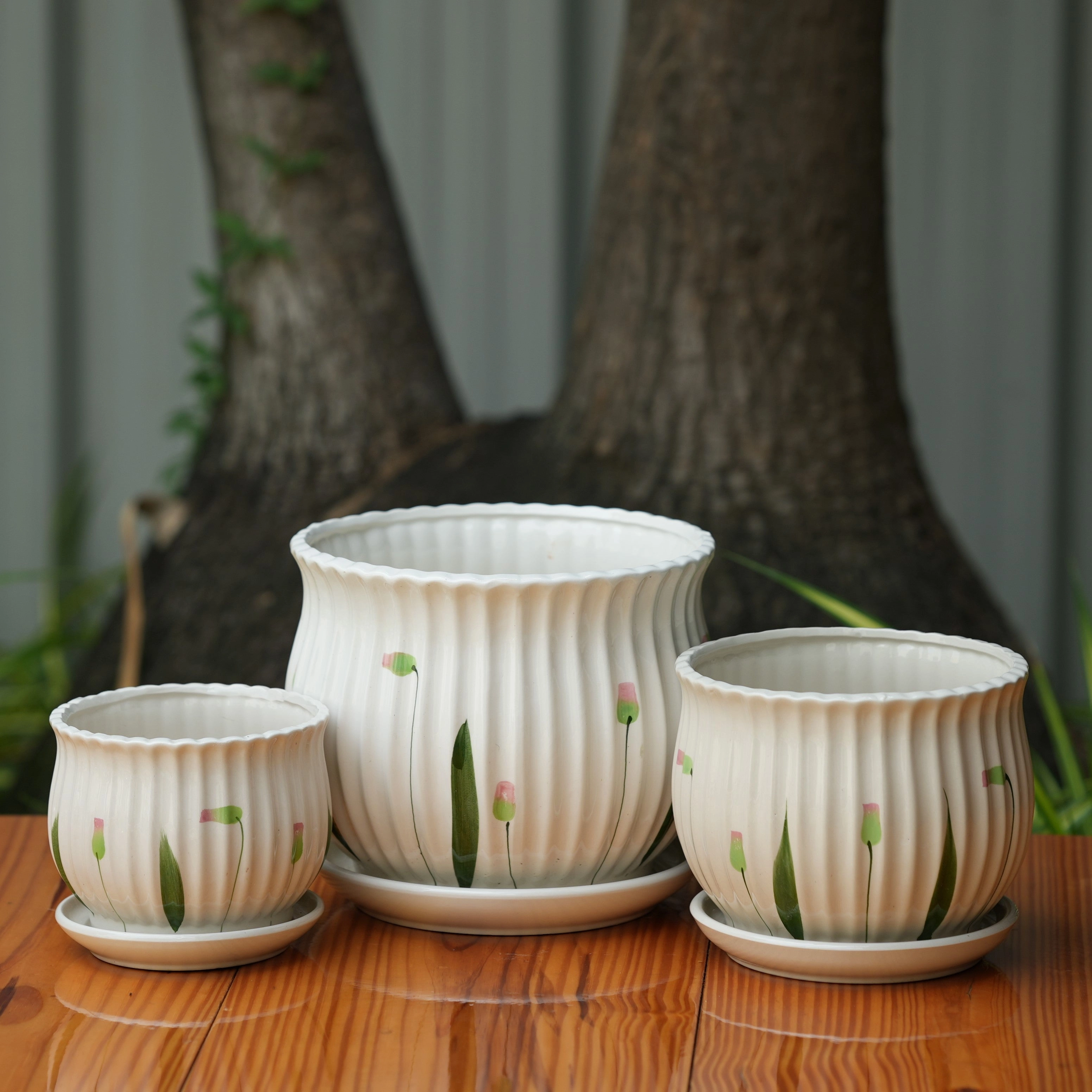 Matka Ribbed Printed Pot With Tray