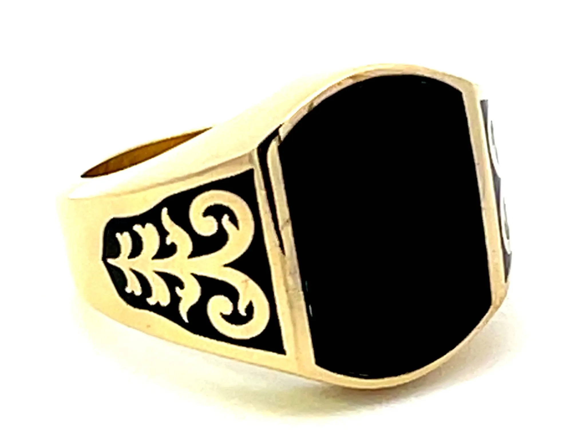 Mens Black Onyx Design Gold Ring 14K Yellow Gold