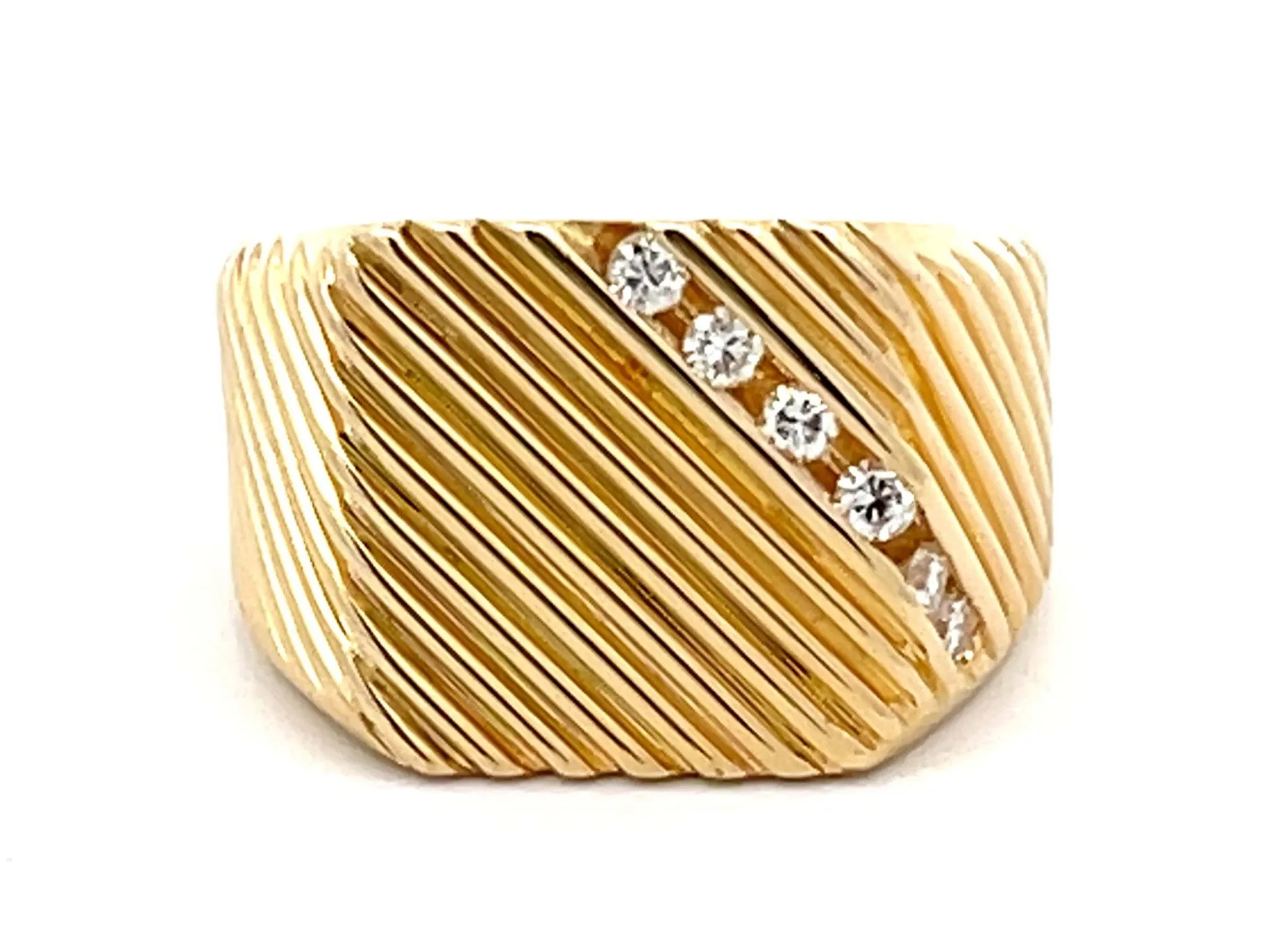 Mens Fluted Design and Diagonal Diamond Row Pinky Ring in 18k Yellow Gold