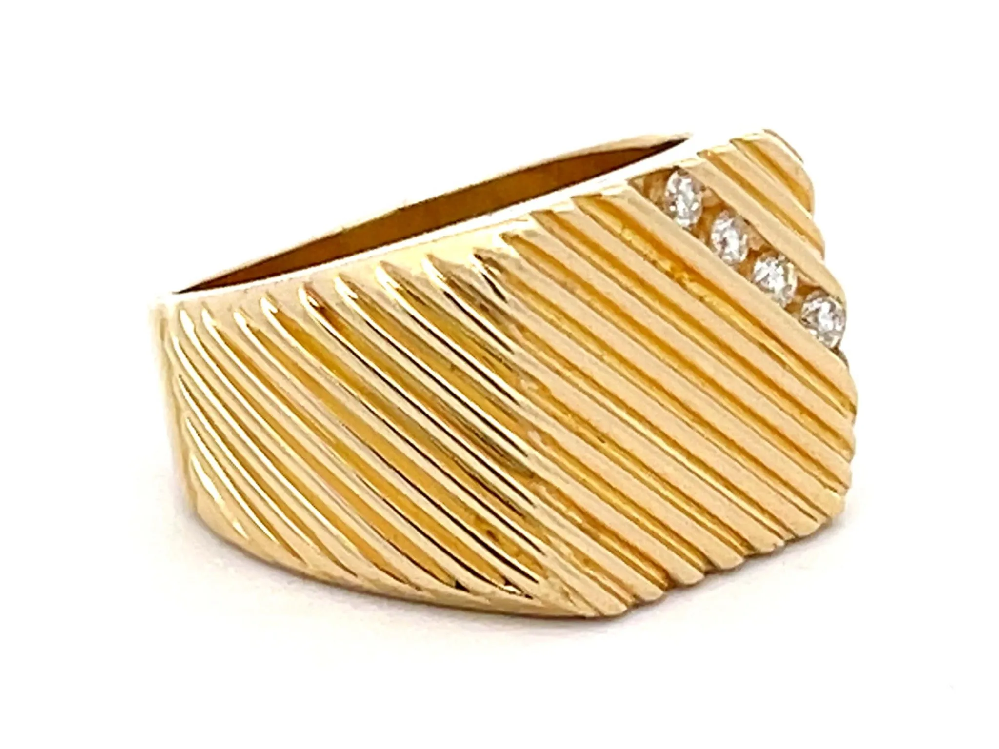 Mens Fluted Design and Diagonal Diamond Row Pinky Ring in 18k Yellow Gold