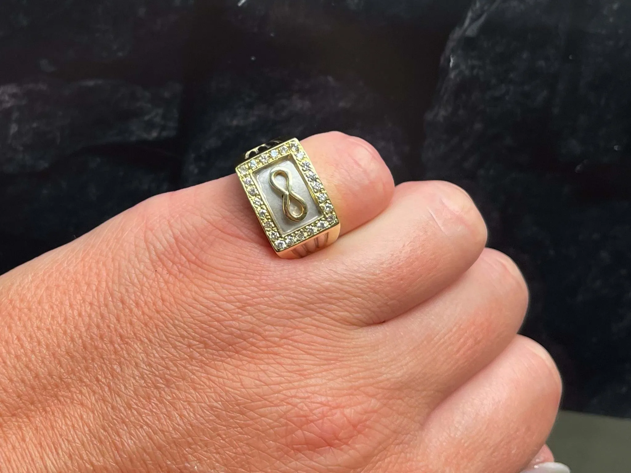 Mens Infinity Diamond Square Halo  2-Toned Ring with Fluted Shoulders in18k Gold