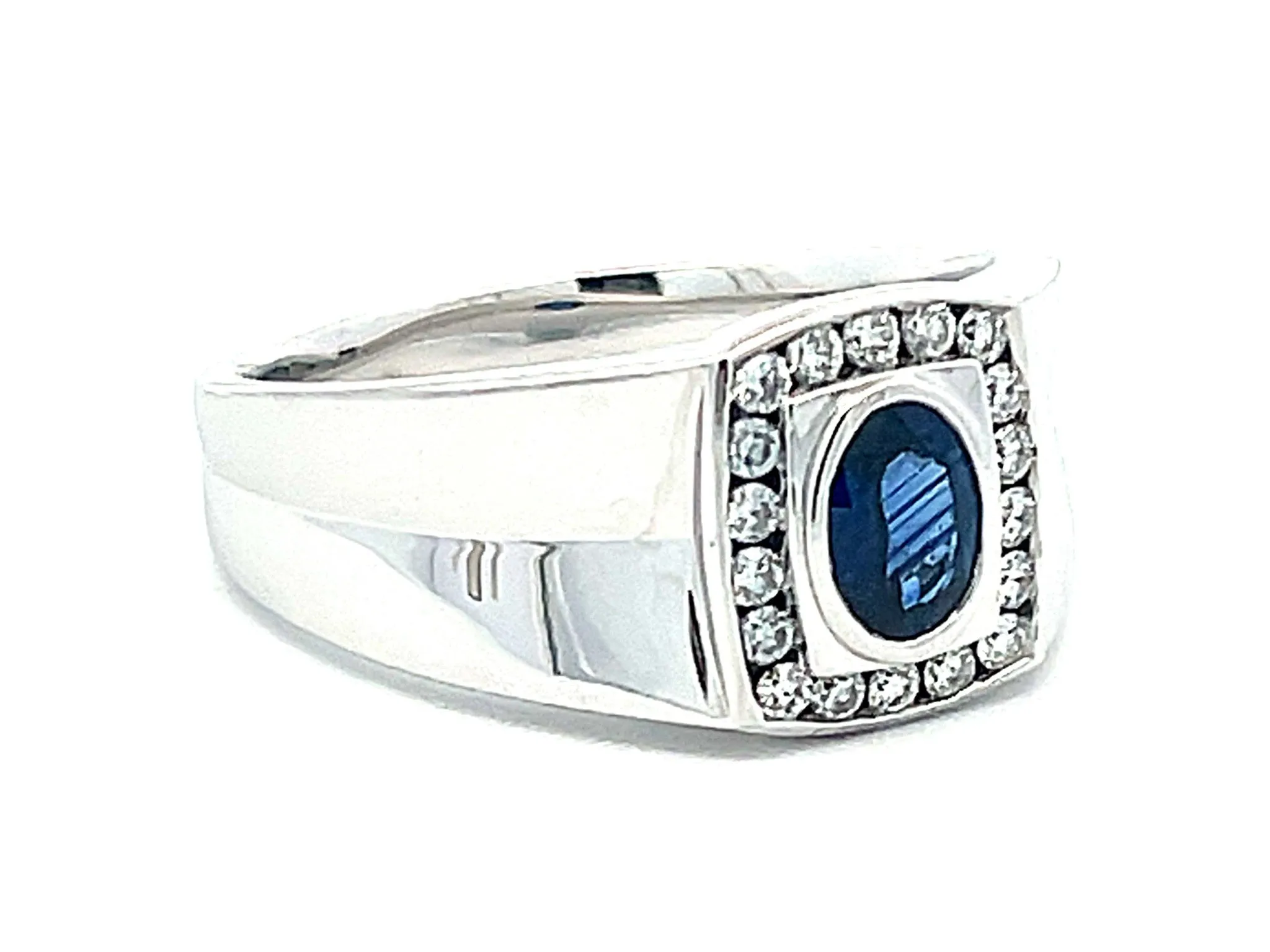 Mens Oval Sapphire Center and Diamond Halo Ring in 14k White Gold